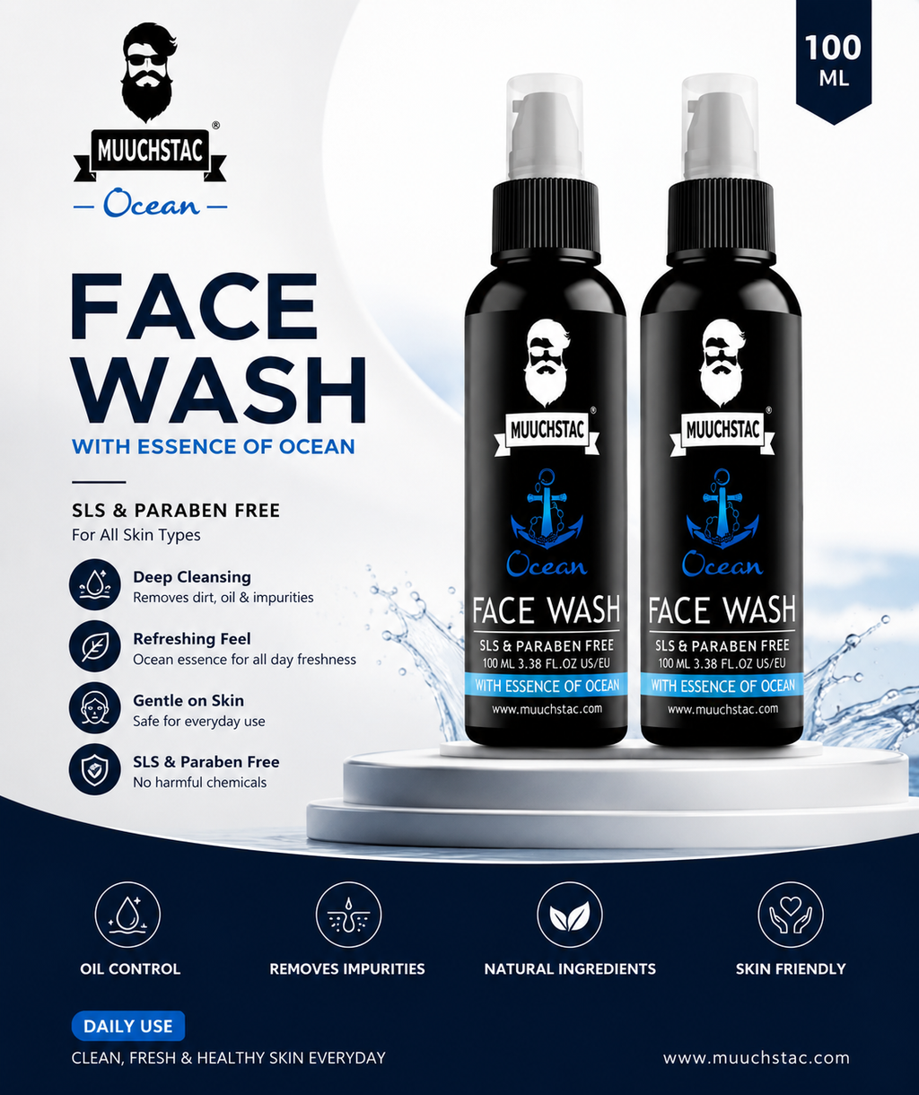 Muuchstac Ocean Face Wash for Men | Fight Acne & Pimples, Brighten Skin, Clears Dirt, Oil Control, Refreshing Feel - Multi-Action Formula | 100 ml | Pack of 2