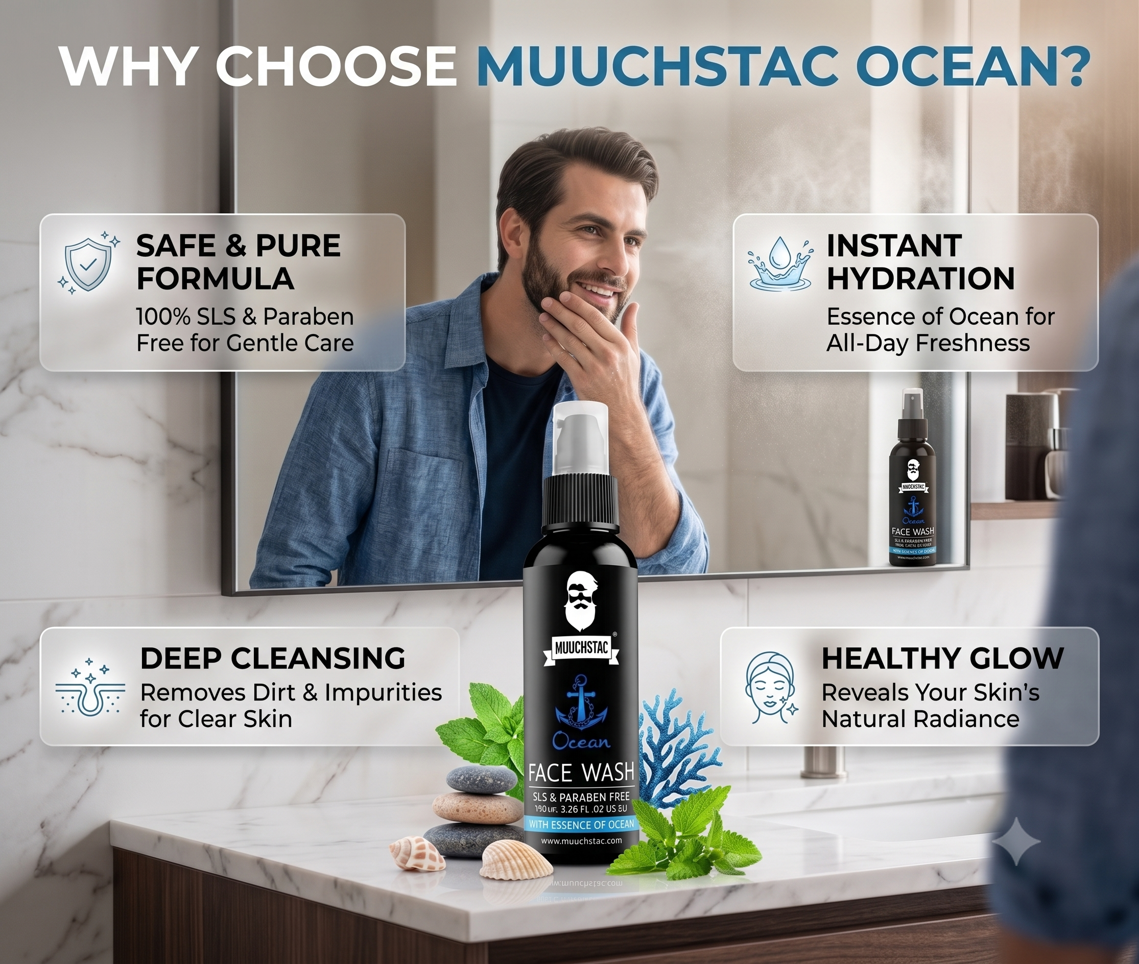Muuchstac Ocean Face Wash for Men | Fight Acne & Pimples, Brighten Skin, Clears Dirt, Oil Control, Refreshing Feel - Multi-Action Formula | 100 ml | Pack of 2